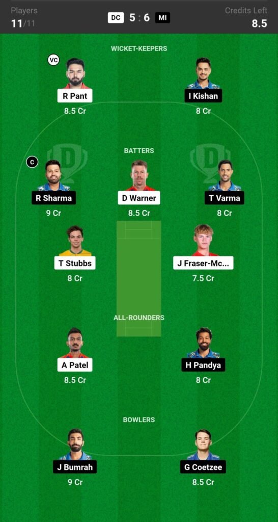 DC vs MI Dream Team Prediction