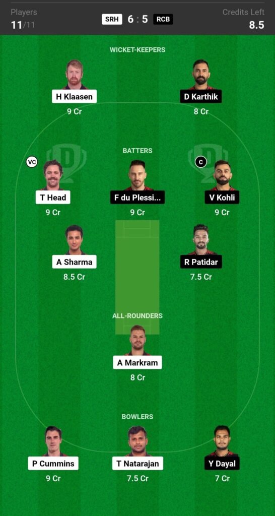 SRH vs RCB Dream Team Prediction