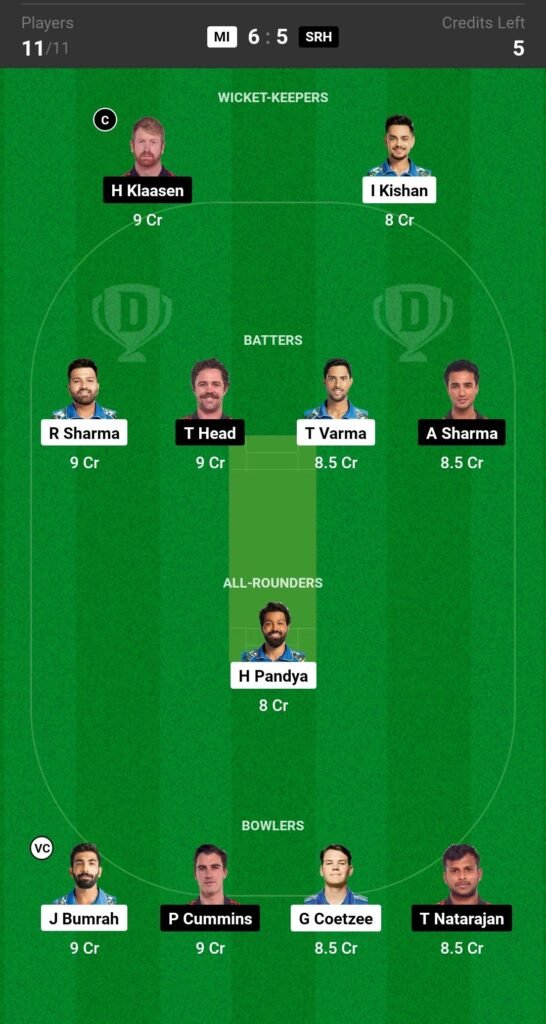 MI vs SRH Dream Team Prediction